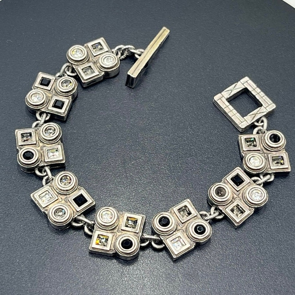Patricia‎ Locke vintage Vienna Silver Plated Black White Crystal Bracelet 7.5"